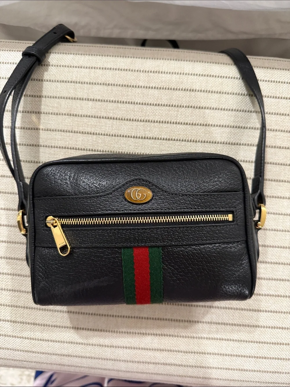 Gucci Black Leather Crossbody with Red-Green Web Stripe and Gold Hardware